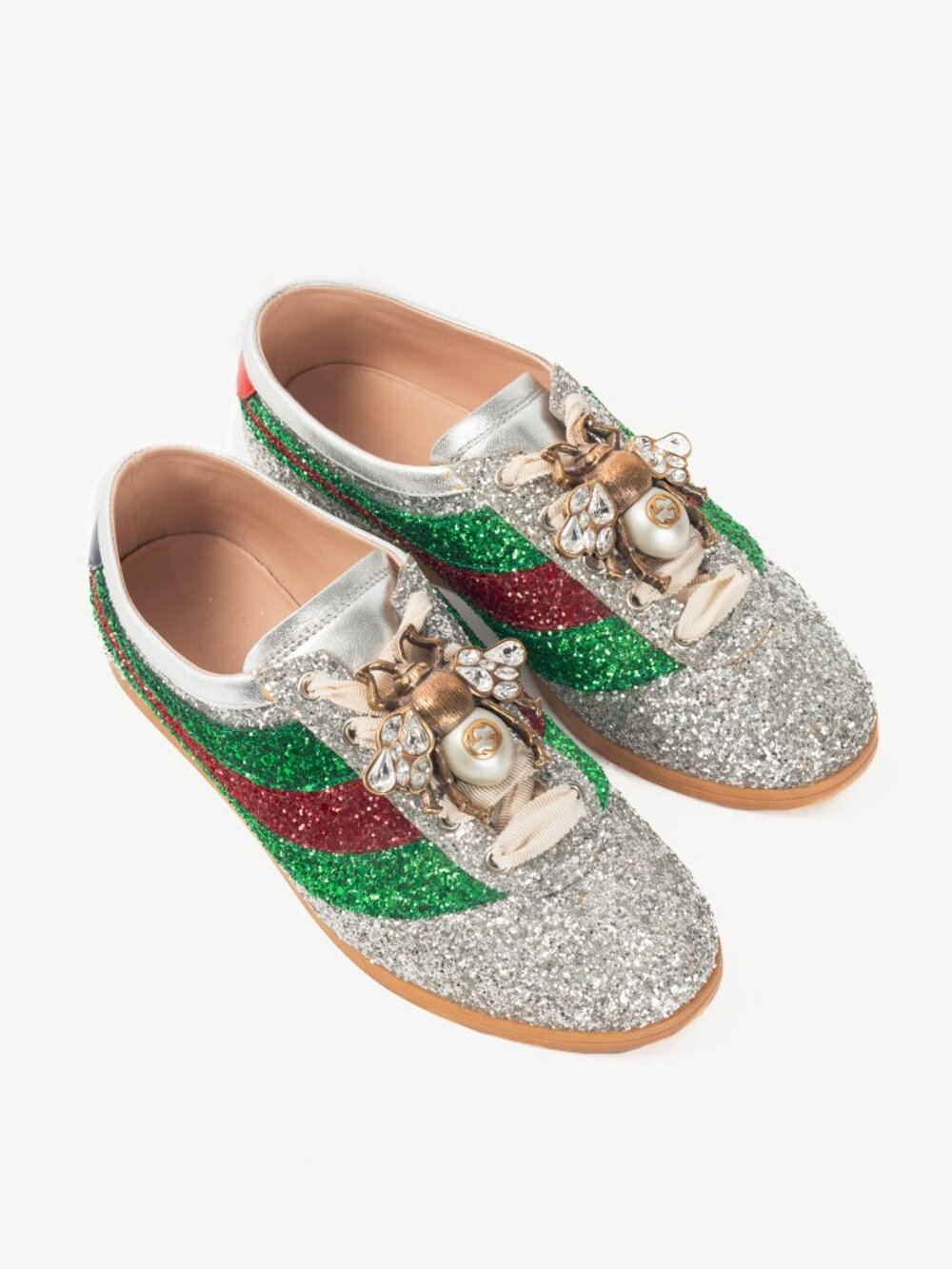 Gucci Falacer Argento Glitter Web-Stripe Bee Sneakers